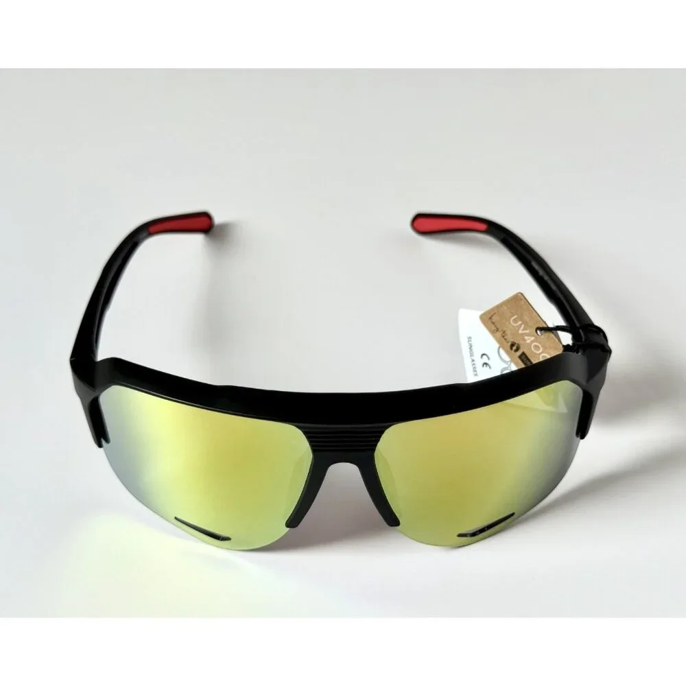 Hang Ten Shield Sunglasses Black Frame Yellow Mirror Lens Sport Unisex 63 16 New